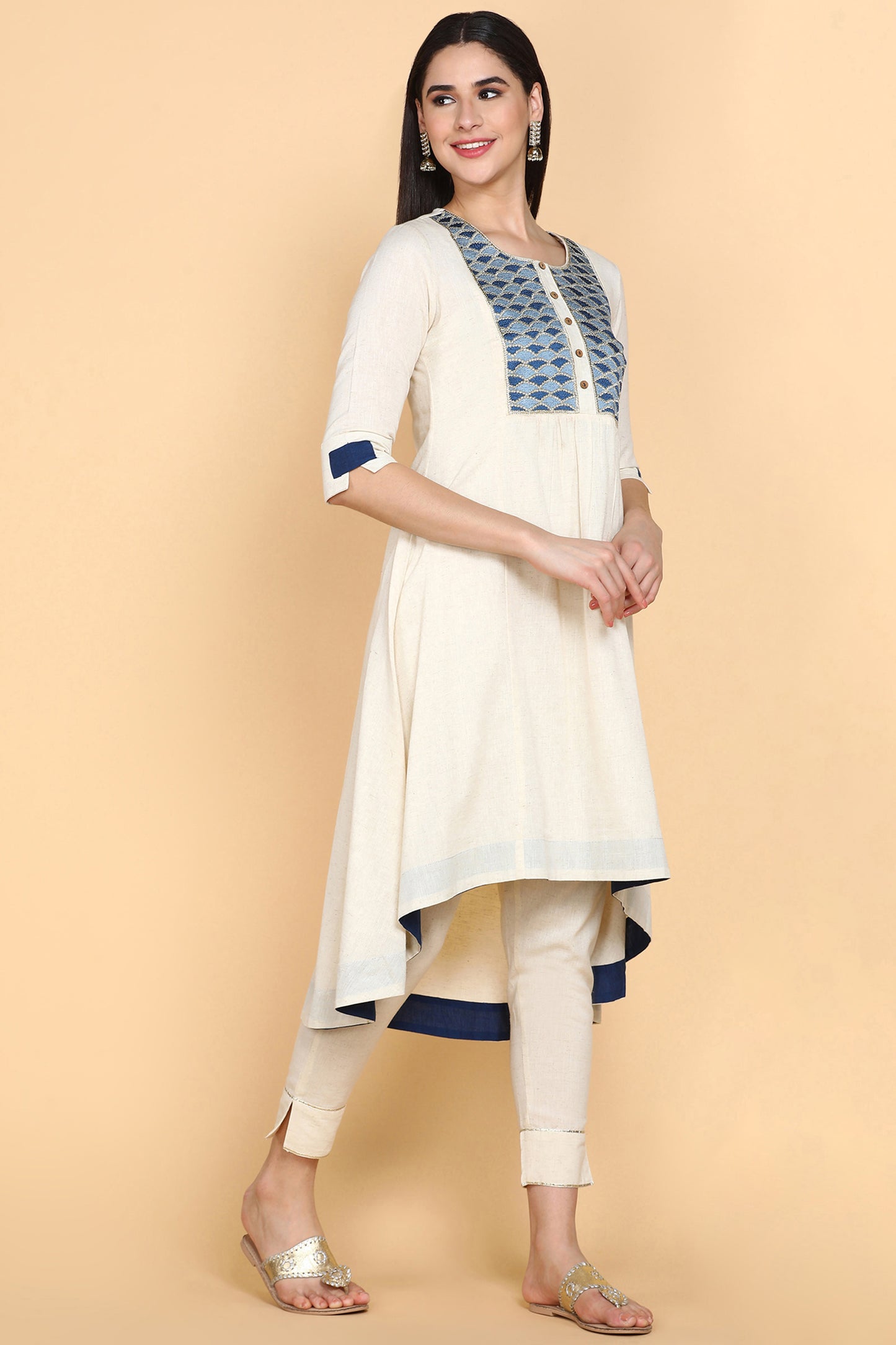 Yufta mustard pure cotton kurta set with embroidery kurta trouser set -  YUFTA - 4258341