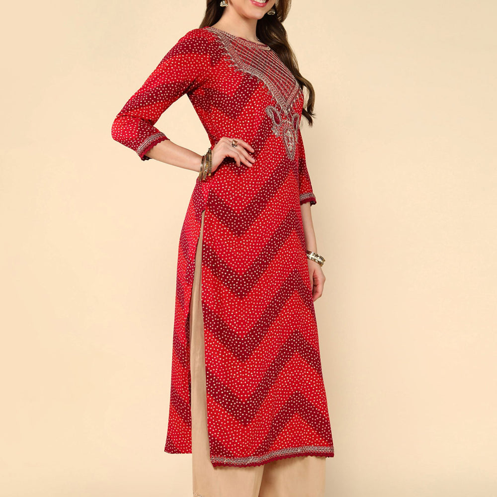 
                      
                        Multi Maroon And Red Geometric Printed Thread Work Kurta
                      
                    