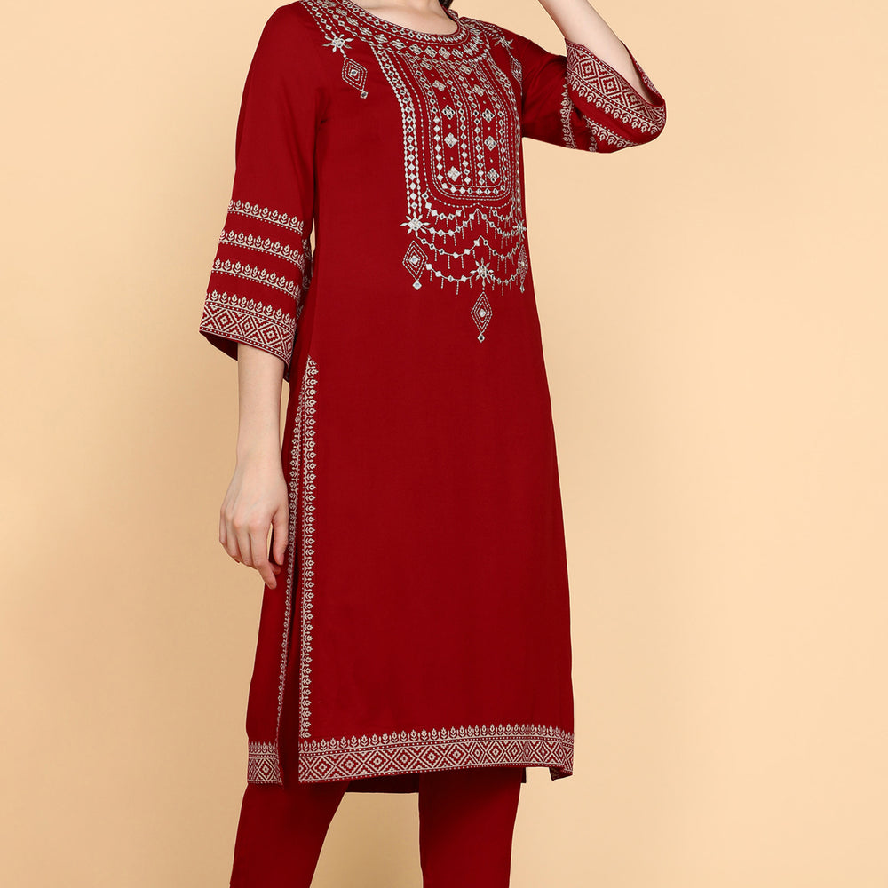 
                      
                        Maroon Kurta Trouser Set With Embroidery
                      
                    