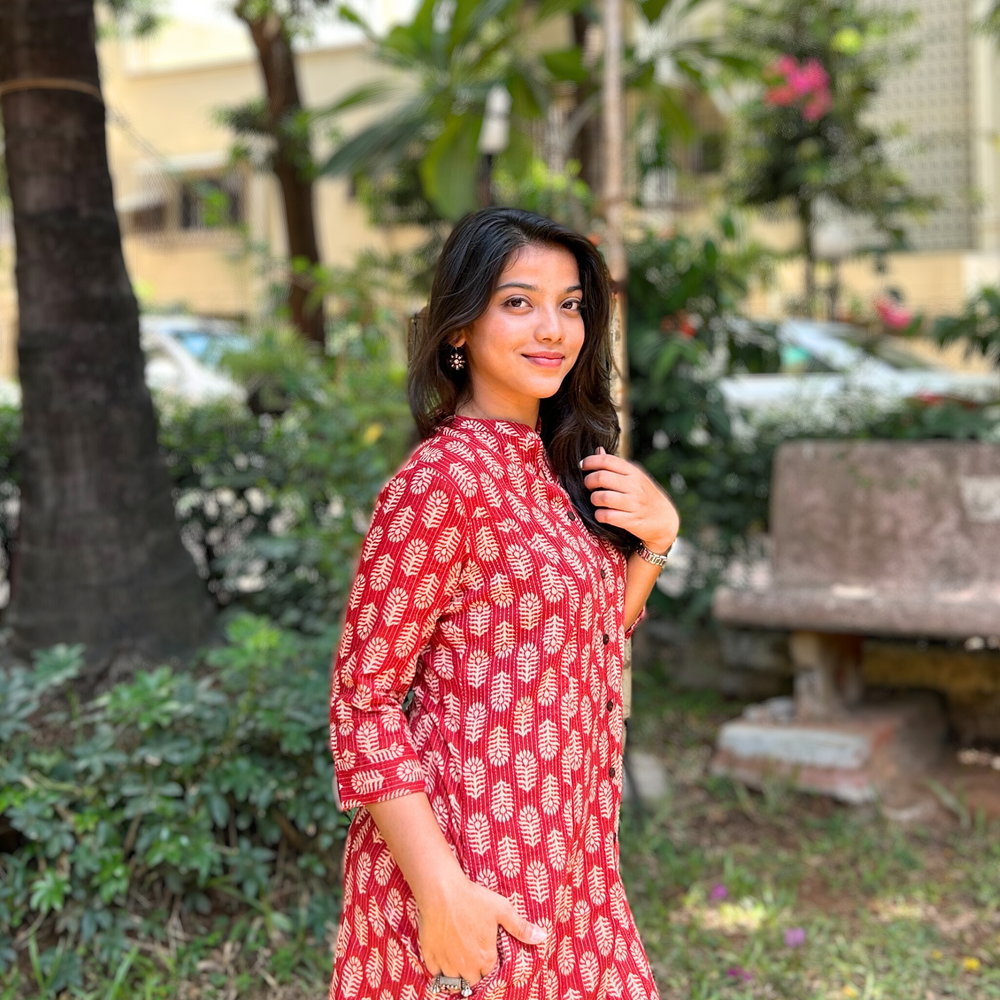 
                      
                        Red A-Line Kantha Kurta With Beige Floral Motifs In Pure Cotton Fabric
                      
                    