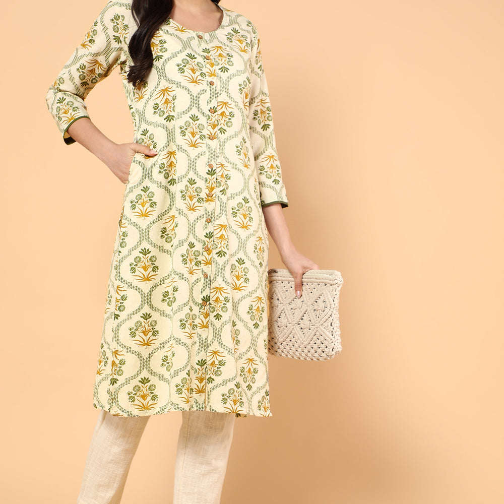 
                      
                        CREAM FLORAL PRINTED KURTA WITH FRONT BUTTONS
                      
                    