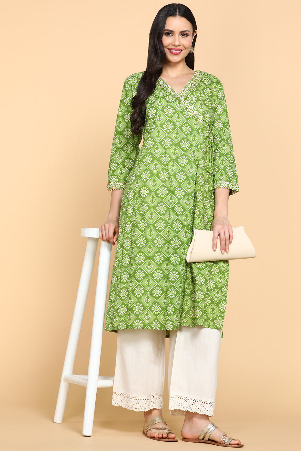 Ethnic Motifs Printed Angarkha Sequinned Pure Cotton Kurta