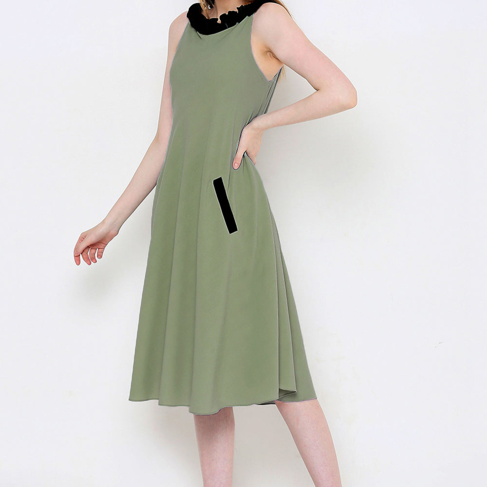 
                      
                        Aturabi Green solid fit & flare dress with side  pocket
                      
                    