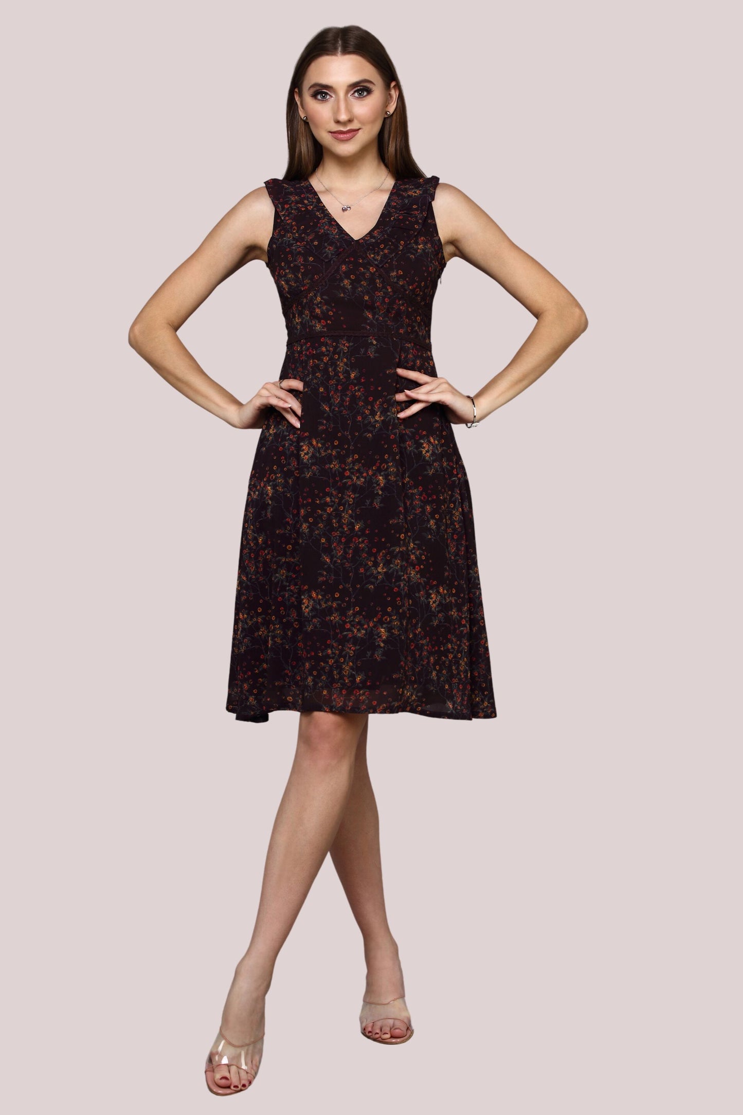 Printed frill dress with lace detail