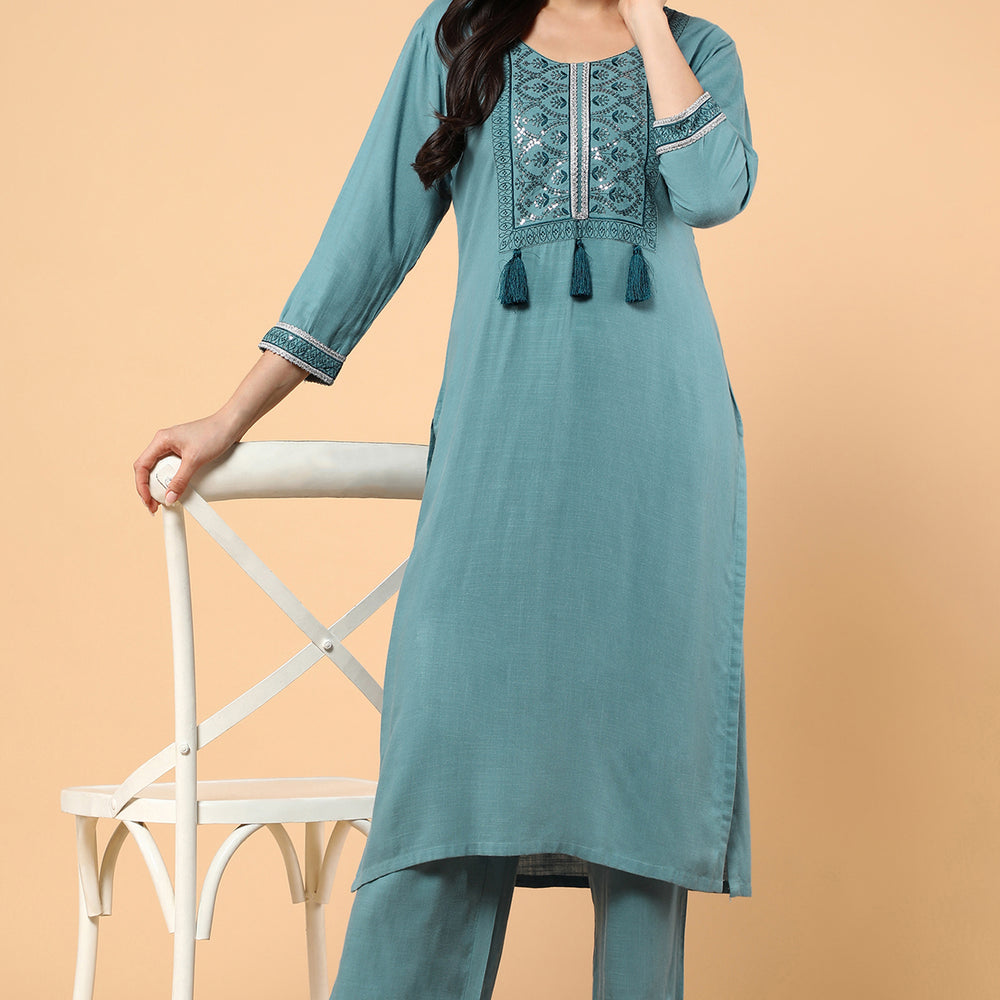 
                      
                        Women Ethnic Motifs Embroidered Sequinned Kurta With Trousers
                      
                    