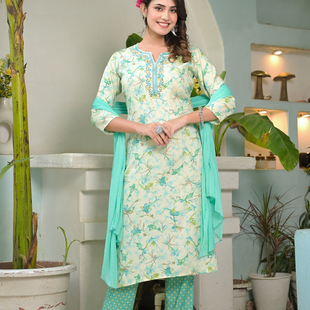 Floral Printed Notched Neck Thread Work Kurta With Trousers & Dupatta