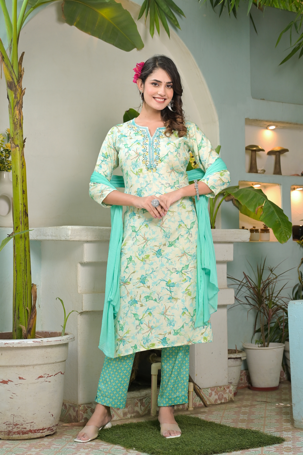 Floral Printed Notched Neck Thread Work Kurta With Trousers & Dupatta