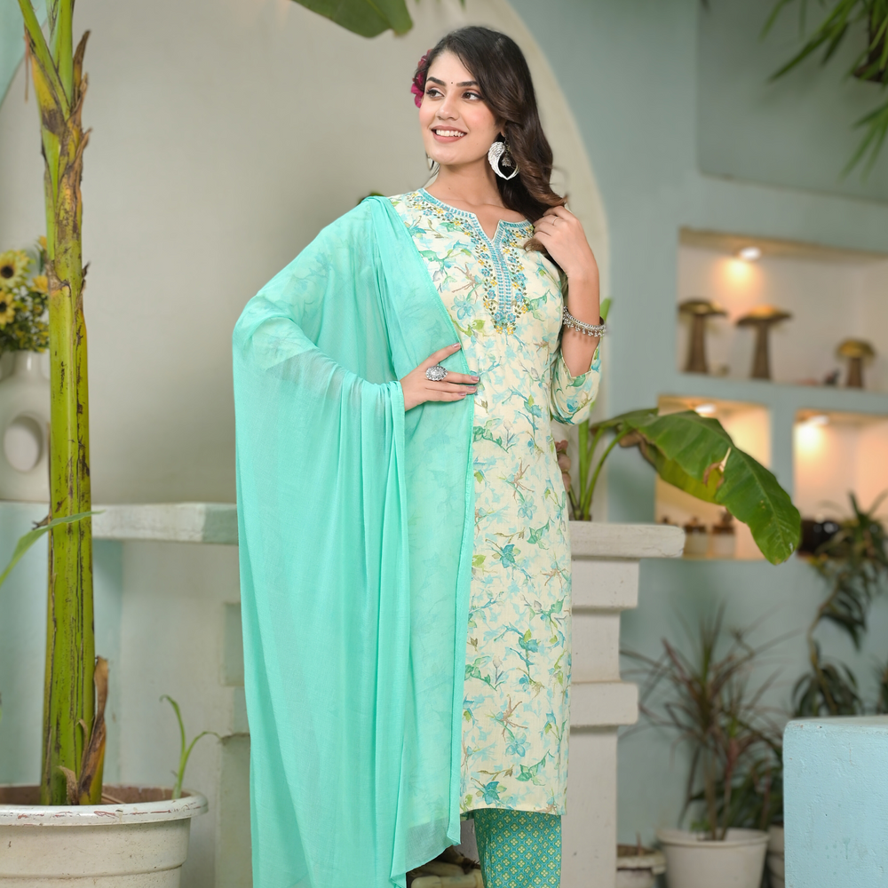 
                      
                        Floral Printed Notched Neck Thread Work Kurta With Trousers & Dupatta
                      
                    