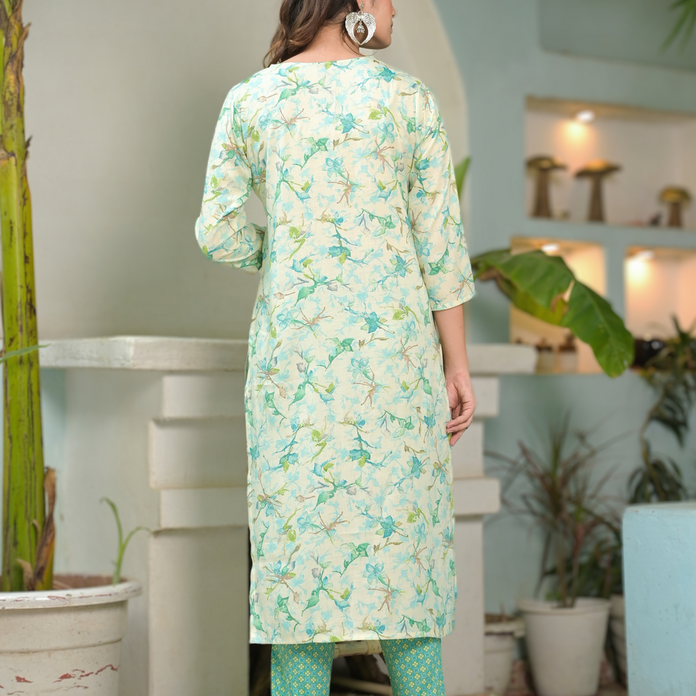 
                      
                        Floral Printed Notched Neck Thread Work Kurta With Trousers & Dupatta
                      
                    