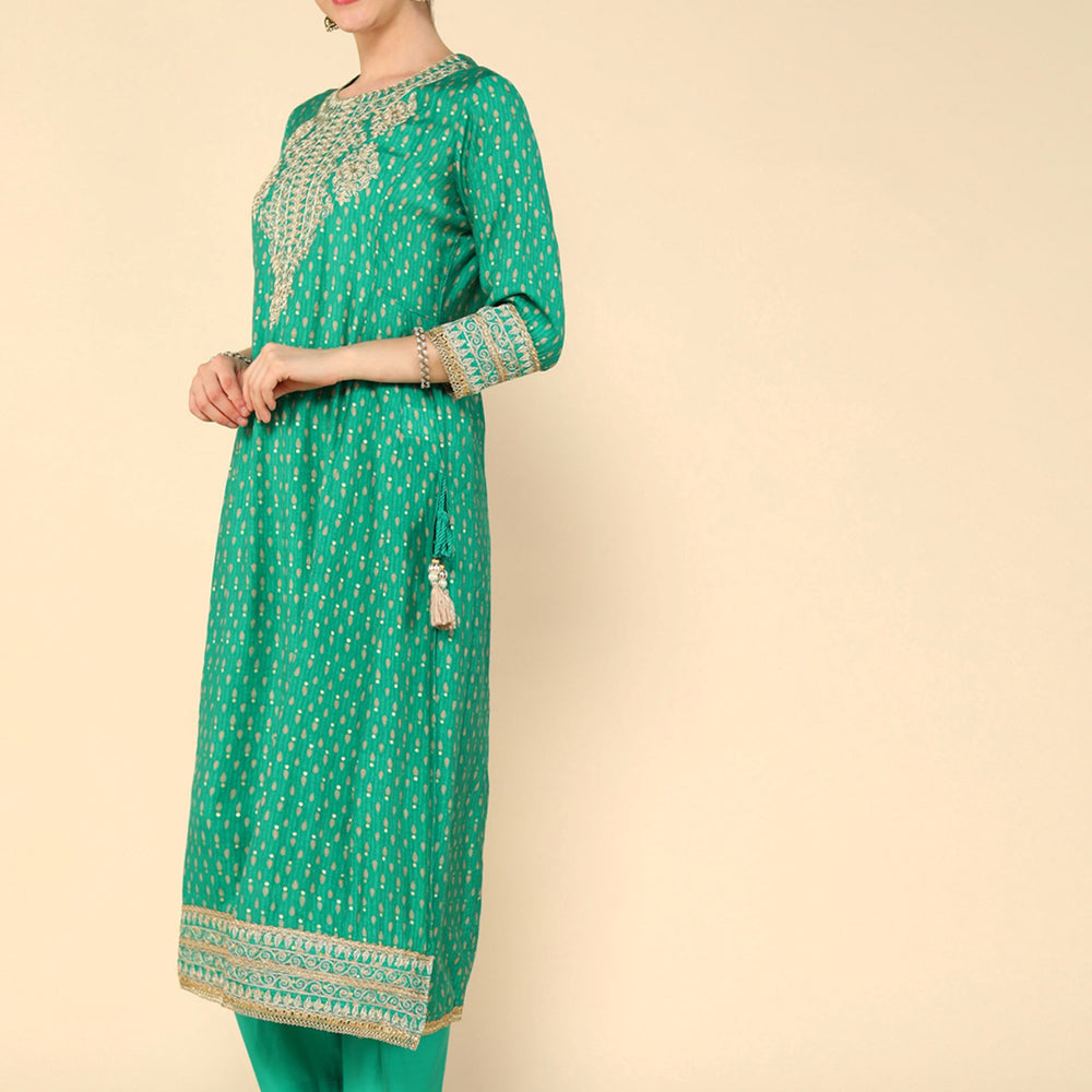 
                      
                        Parrot Green Muslin Gold dori embroidered flared kurta with straight trouser and organza printed dupatta
                      
                    