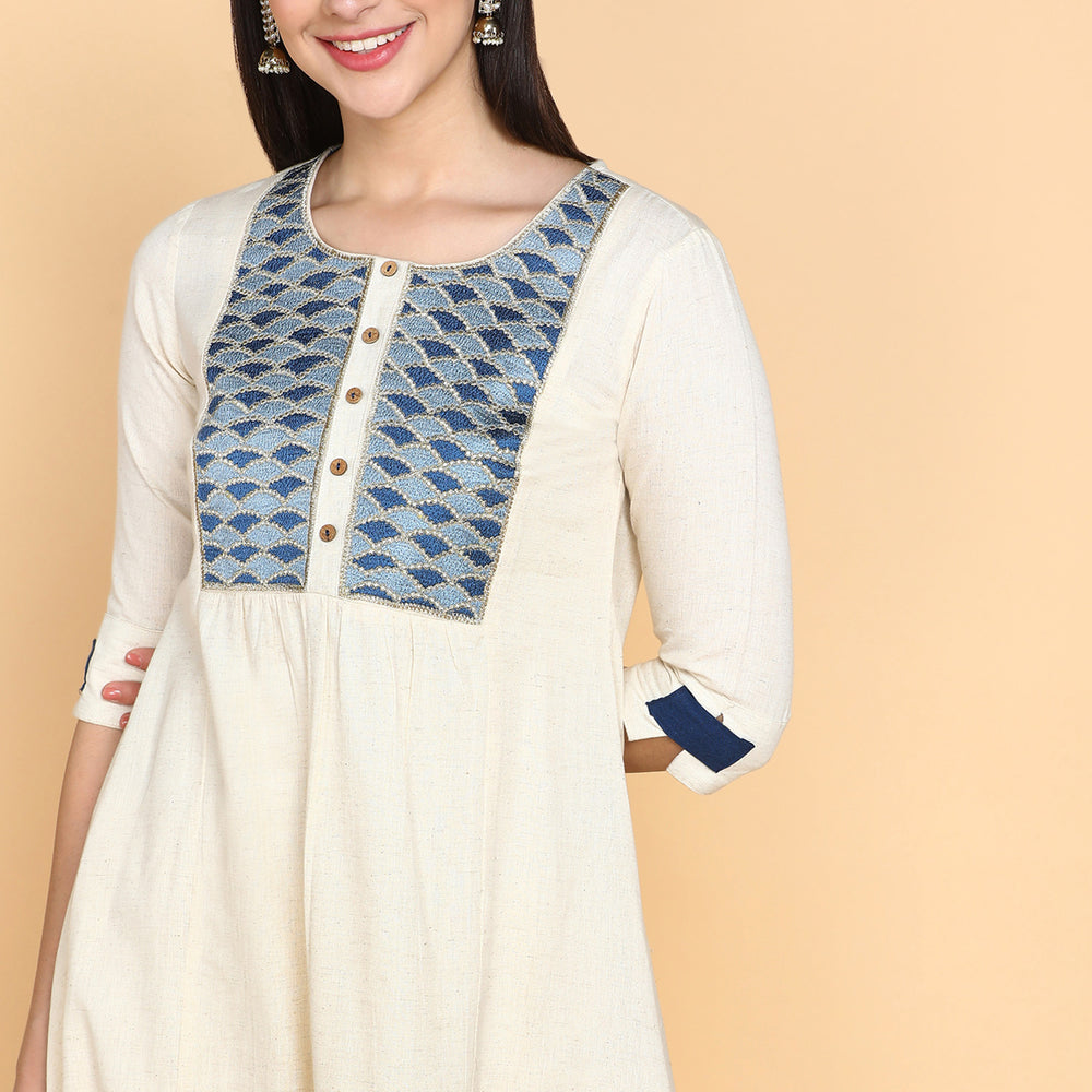 
                      
                        Cream Kurta Trouser Set With Blue Embroidery on Yok
                      
                    