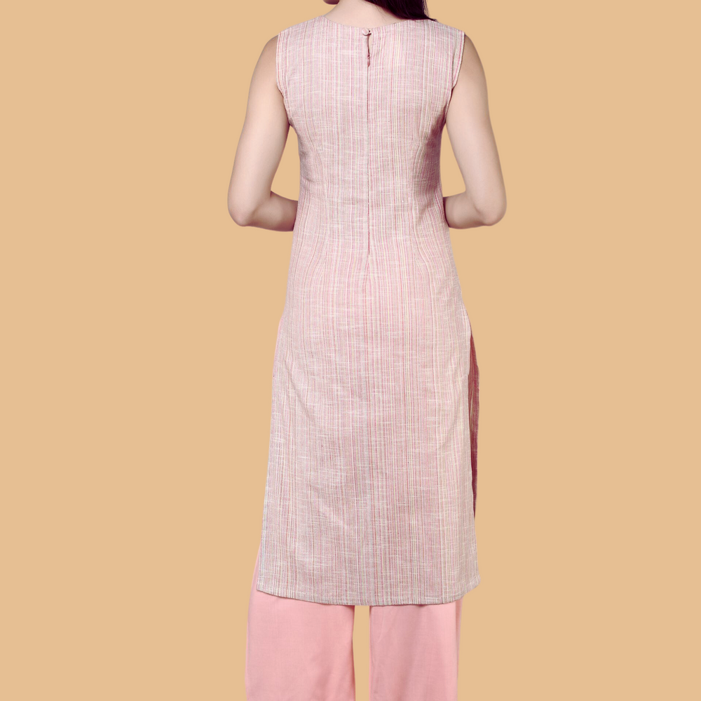 
                      
                        Semi- Knotch Collared Embroidered Yoke  Sleveless Kurta With Palazzos
                      
                    