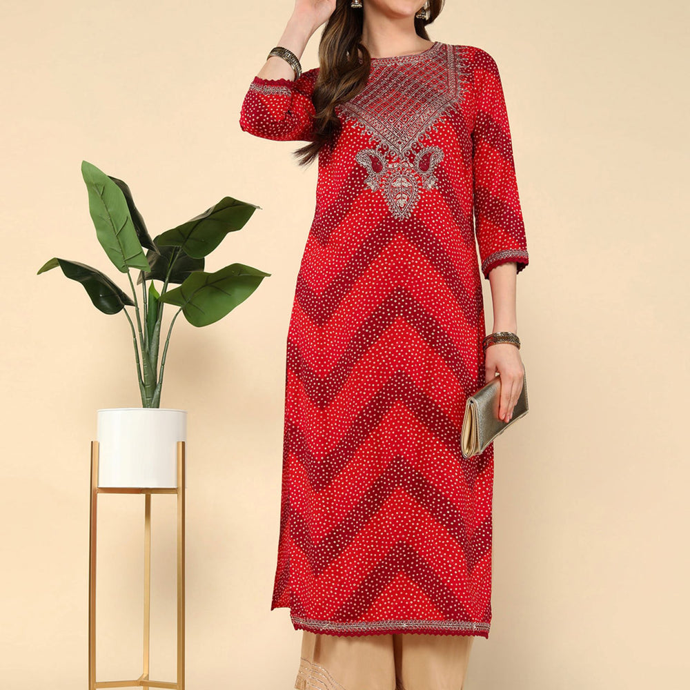 
                      
                        Multi Maroon And Red Geometric Printed Thread Work Kurta
                      
                    