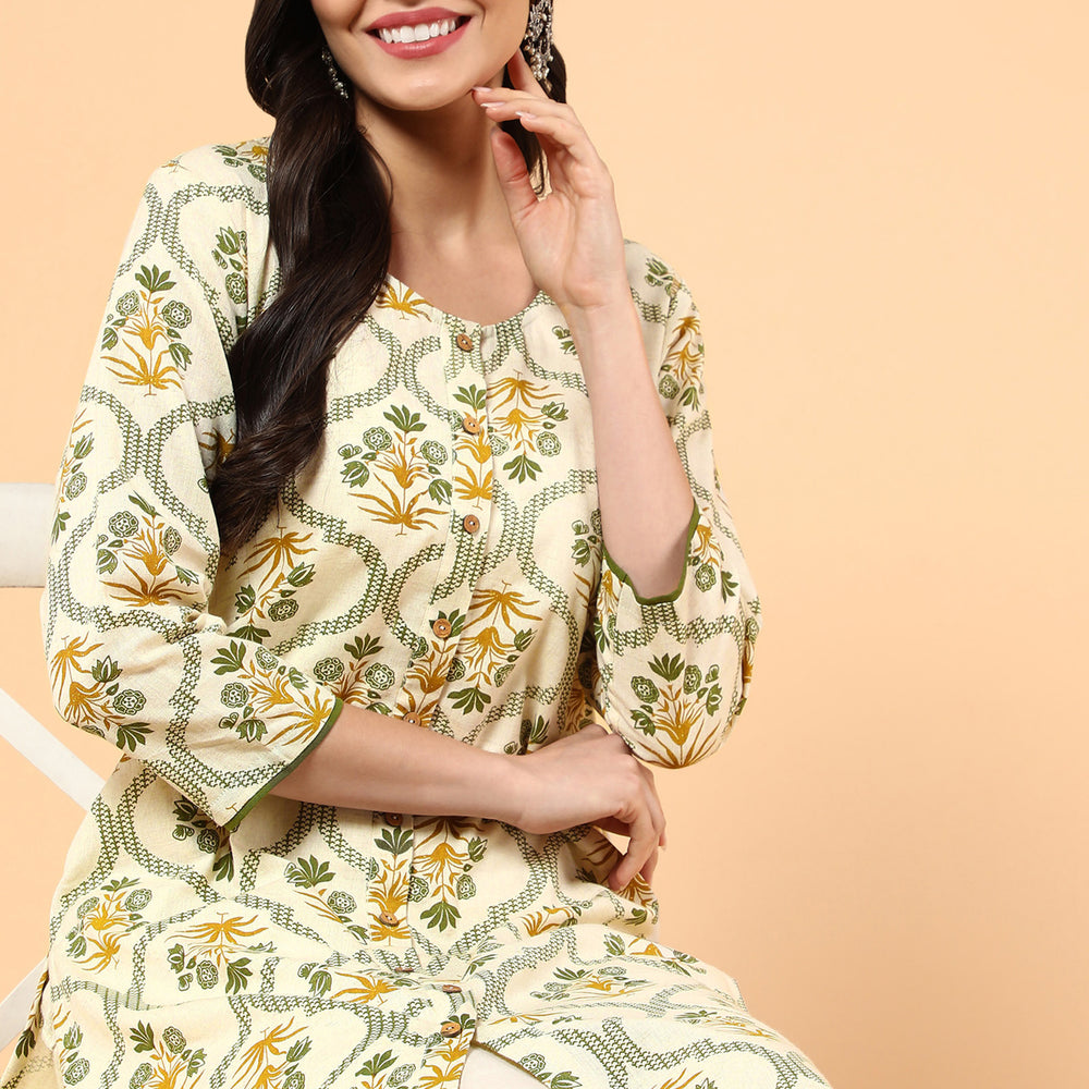 
                      
                        CREAM FLORAL PRINTED KURTA WITH FRONT BUTTONS
                      
                    