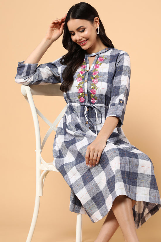 Classic Checks Printed White and Blue Dress With Embroidery