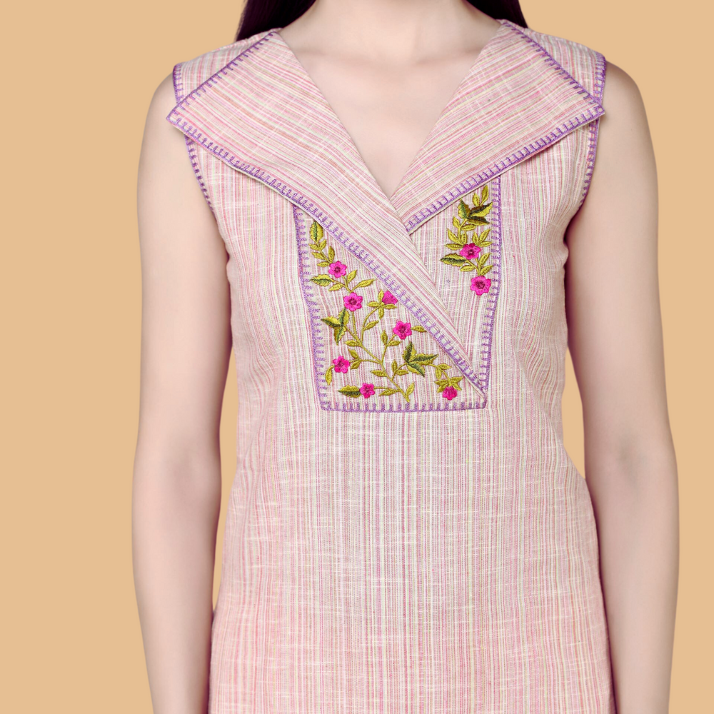 
                      
                        Semi- Knotch Collared Embroidered Yoke  Sleveless Kurta With Palazzos
                      
                    