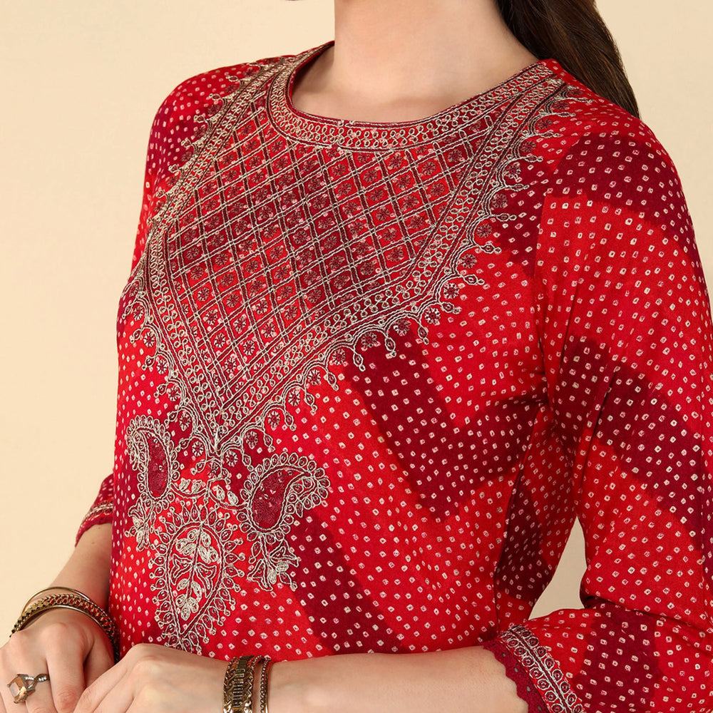 
                      
                        Multi Maroon And Red Geometric Printed Thread Work Kurta
                      
                    