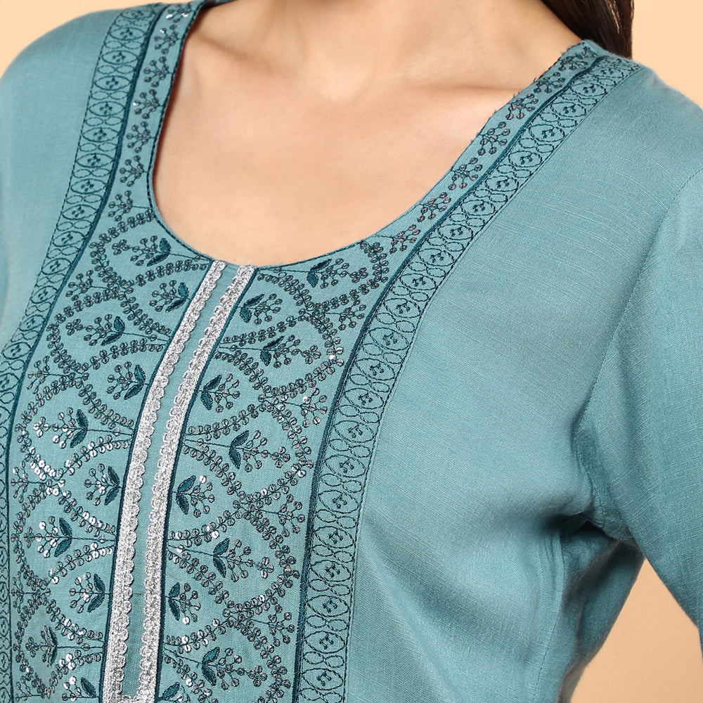 
                      
                        Women Ethnic Motifs Embroidered Sequinned Kurta With Trousers
                      
                    