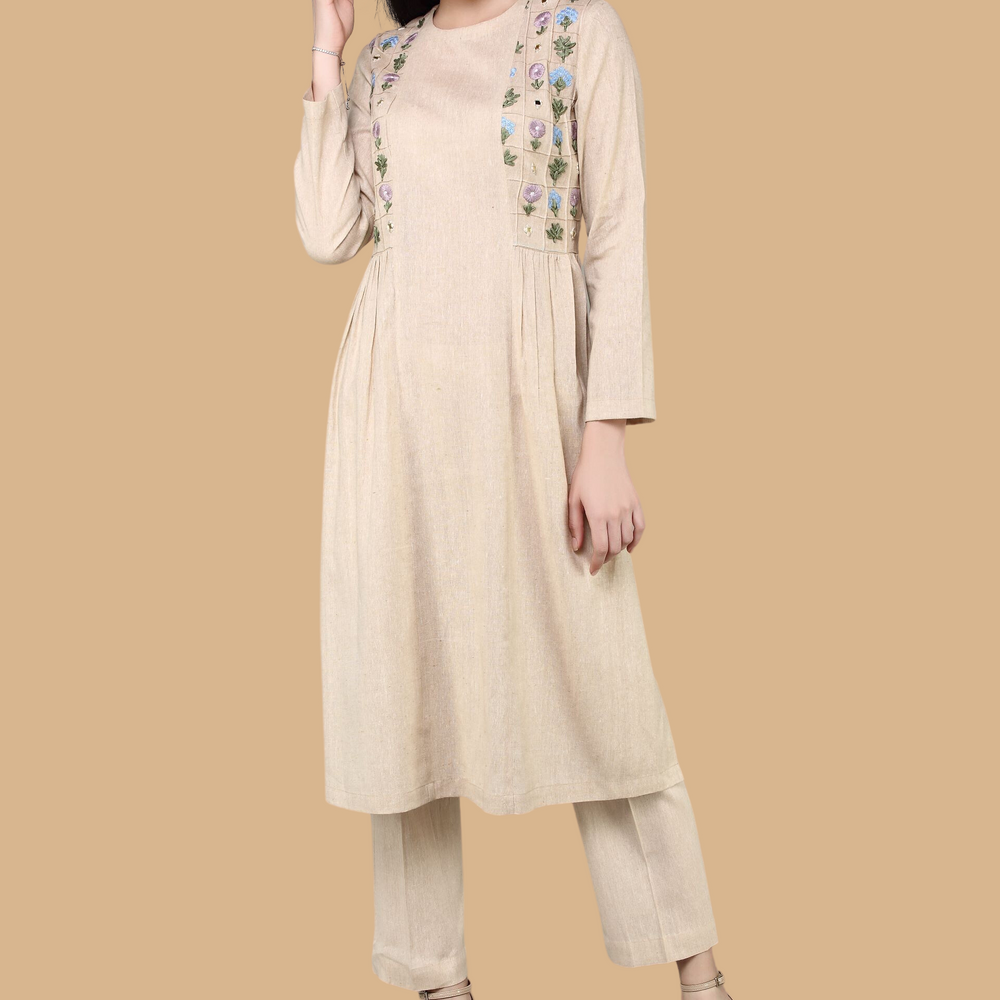 
                      
                        Panneled Kurta With Embroidered Side Yoke With Straight Fit Pants
                      
                    