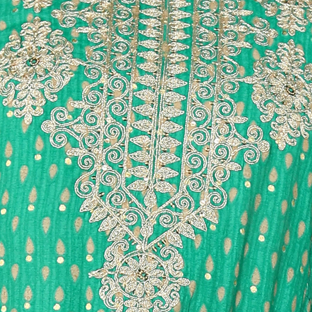 
                      
                        Parrot Green Muslin Gold dori embroidered flared kurta with straight trouser and organza printed dupatta
                      
                    