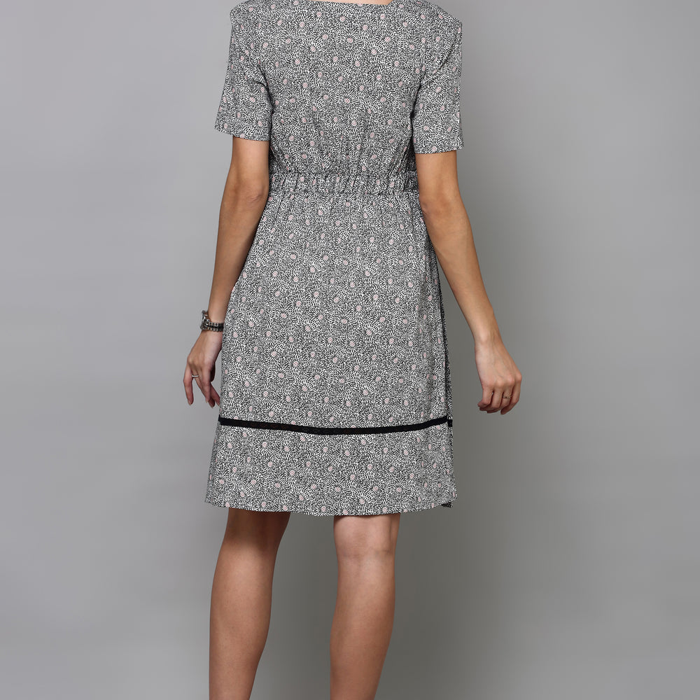 
                      
                        Grey Floral Printed Flared Dress
                      
                    