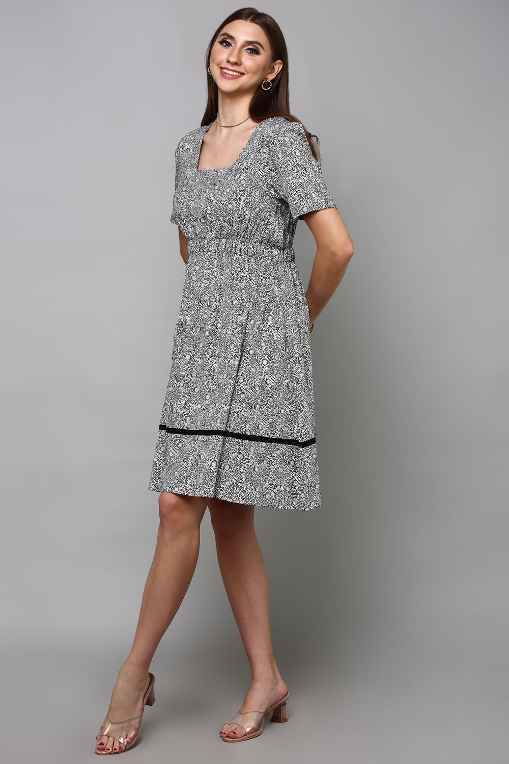 Grey Floral Printed Flared Dress