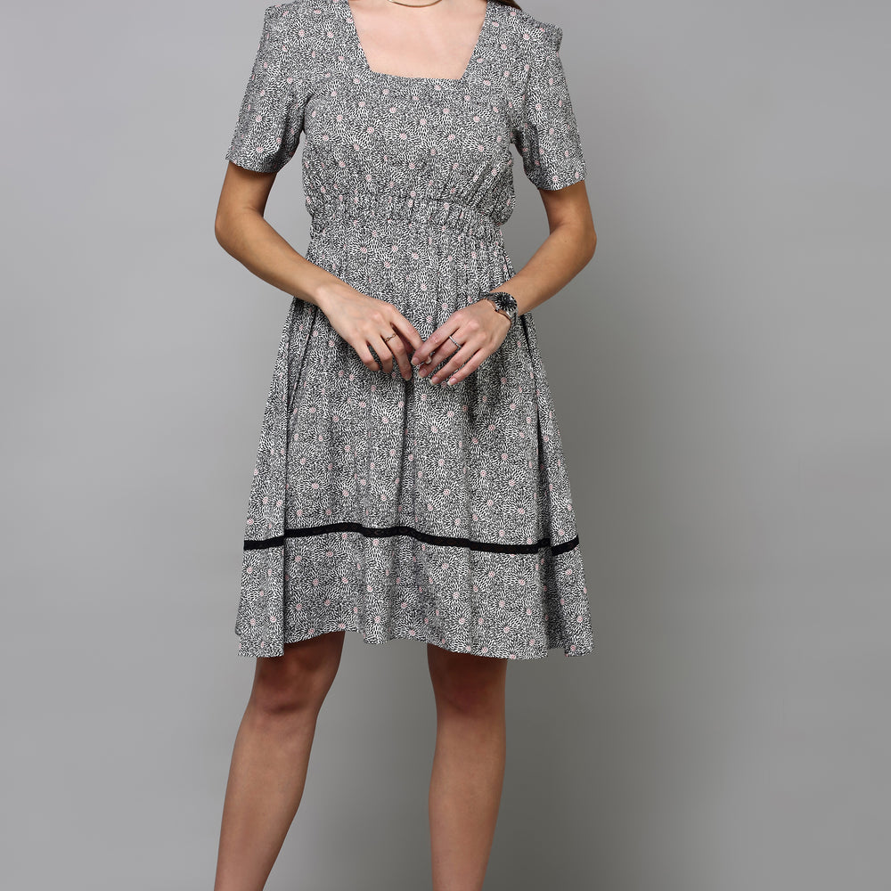 
                      
                        Grey Floral Printed Flared Dress
                      
                    