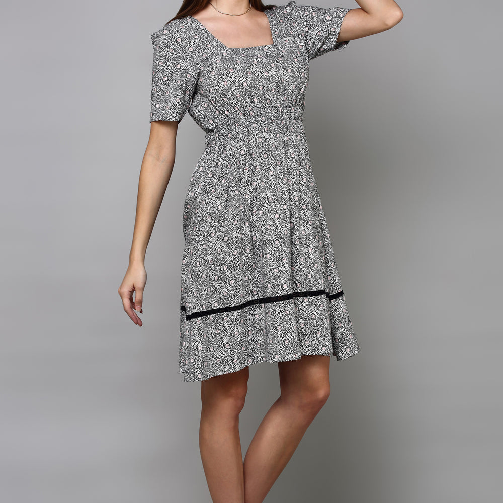 
                      
                        Grey Floral Printed Flared Dress
                      
                    