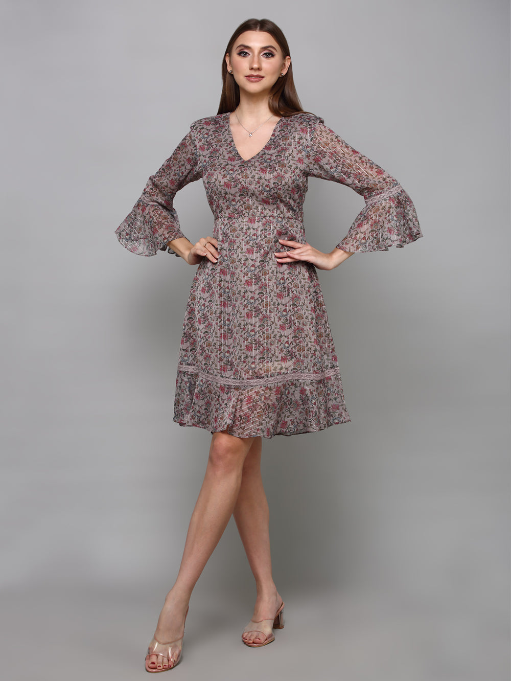 Grey Floral A-Line Dress