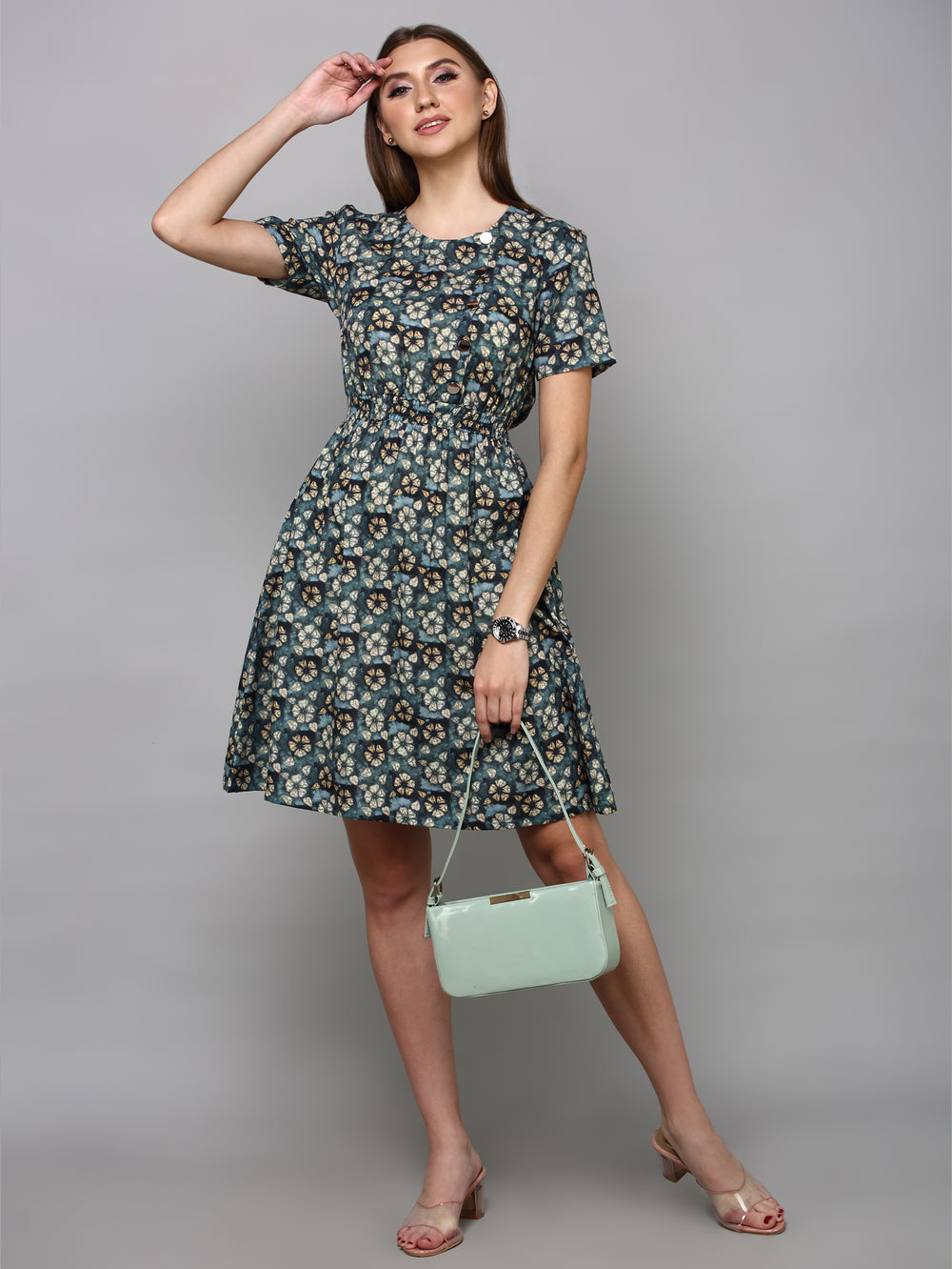 Olive Green & Brown Floral A-Line Dress