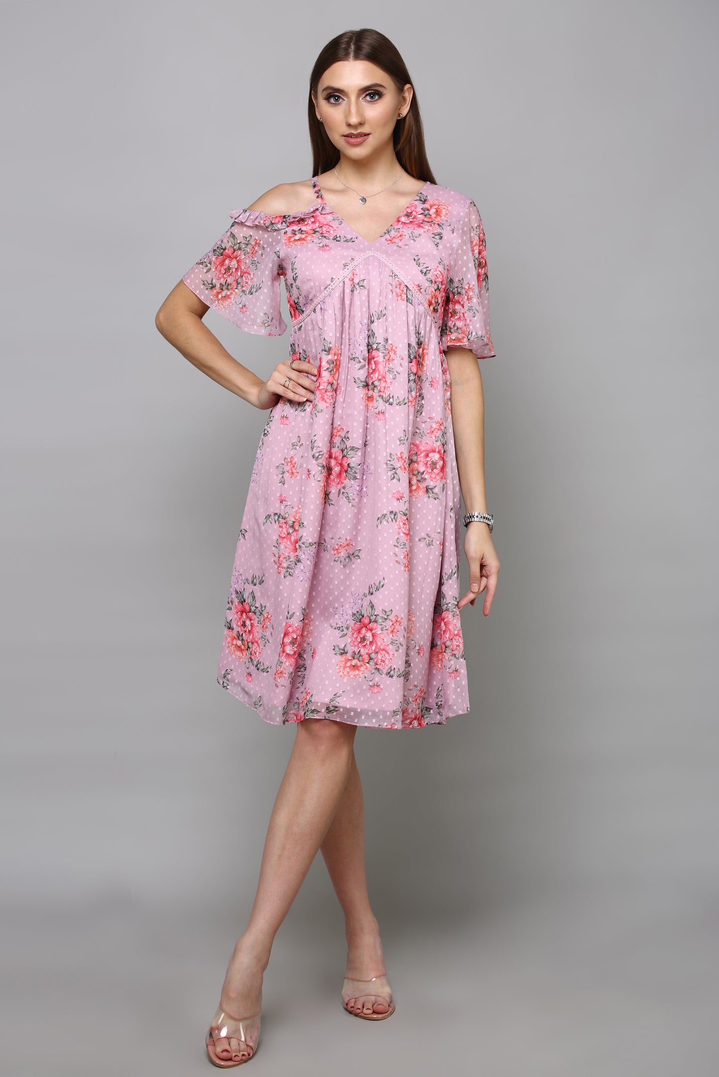 Women Pink & Lavender Floral Cotton A-Line Dress