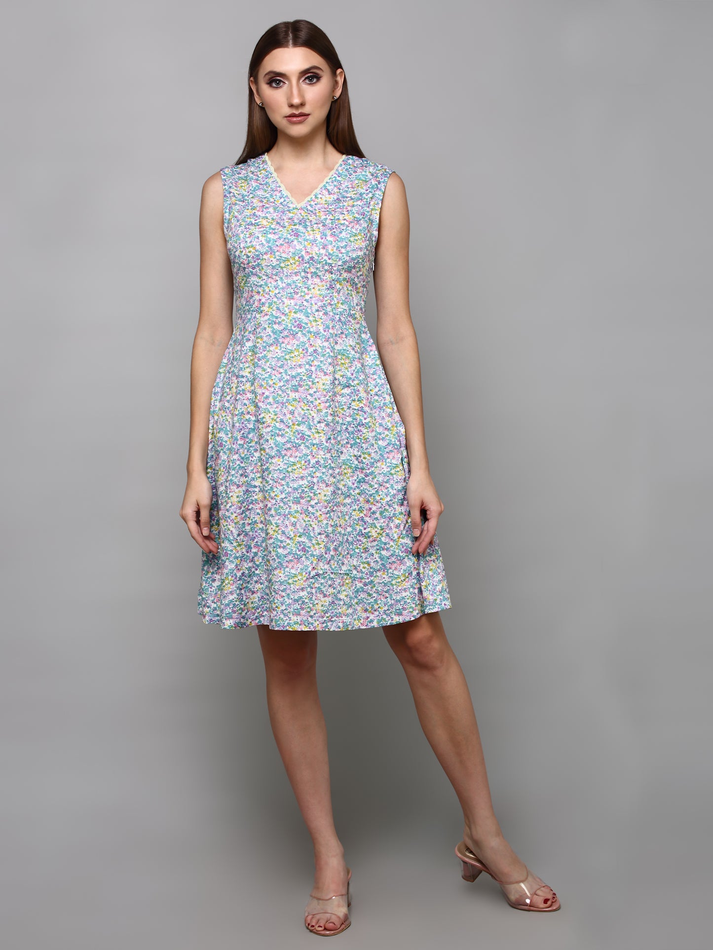 Women Sea Green & Pink Floral Cotton Fit and Flare Dress