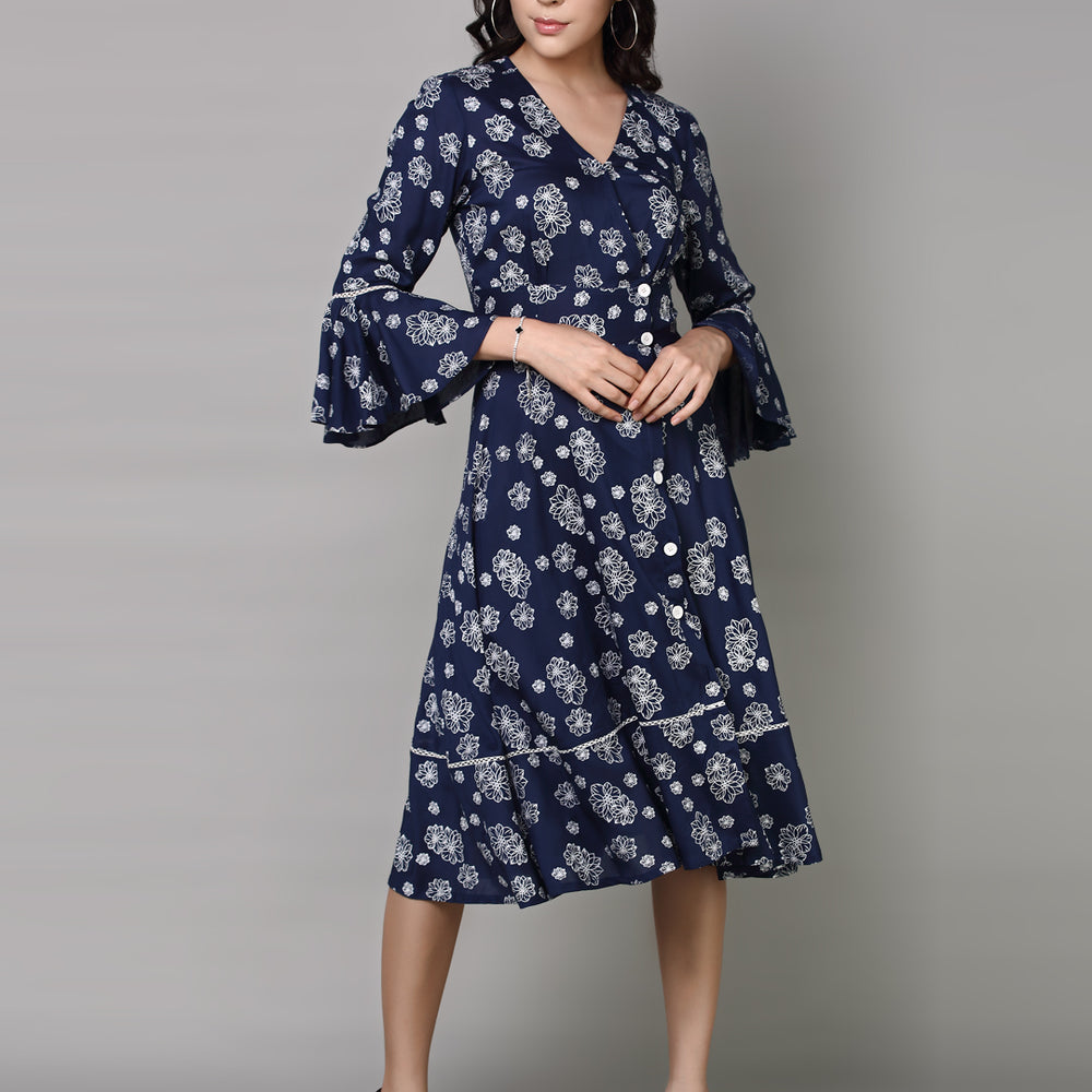 
                      
                        Women Navy Blue Floral Printed Midi Dress
                      
                    