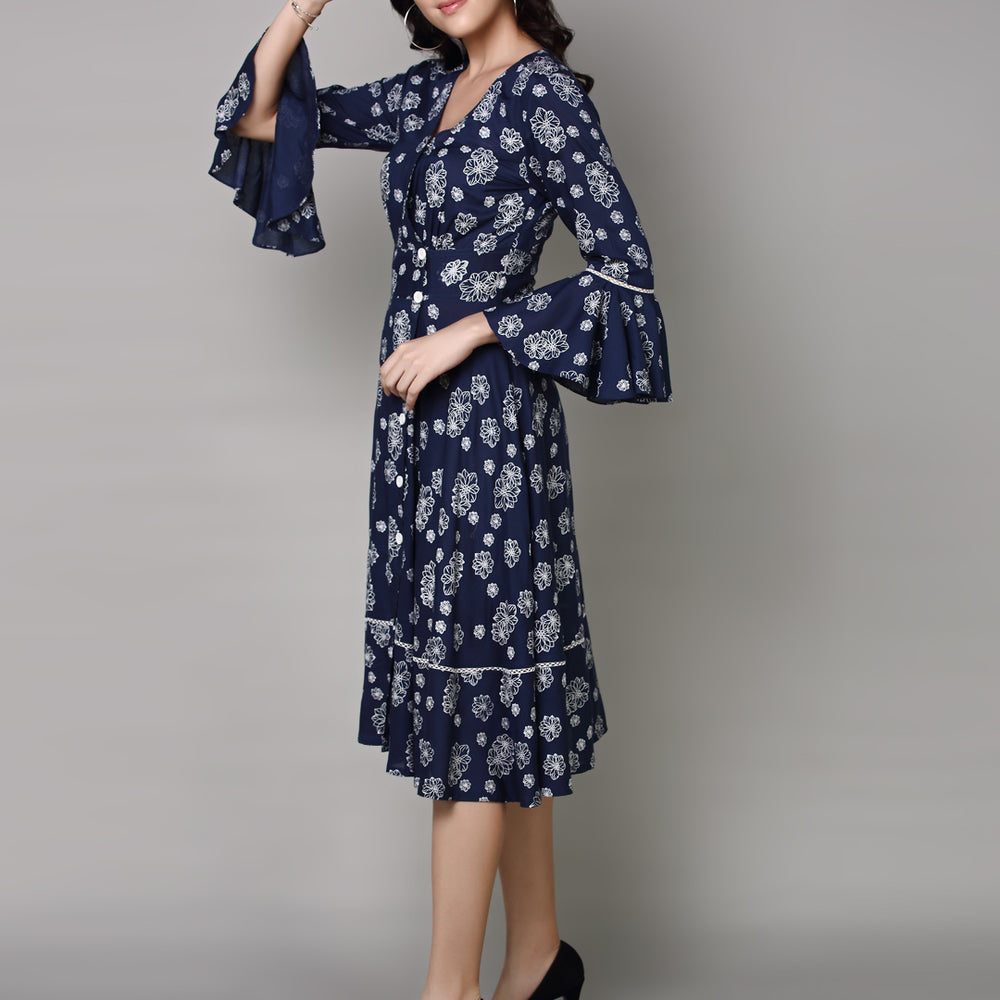 
                      
                        Women Navy Blue Floral Printed Midi Dress
                      
                    