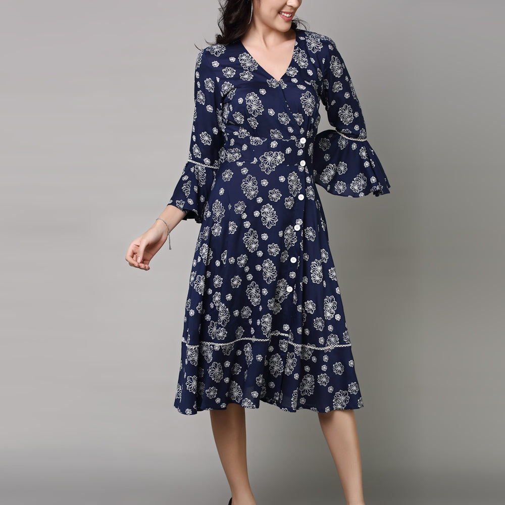 
                      
                        Women Navy Blue Floral Printed Midi Dress
                      
                    