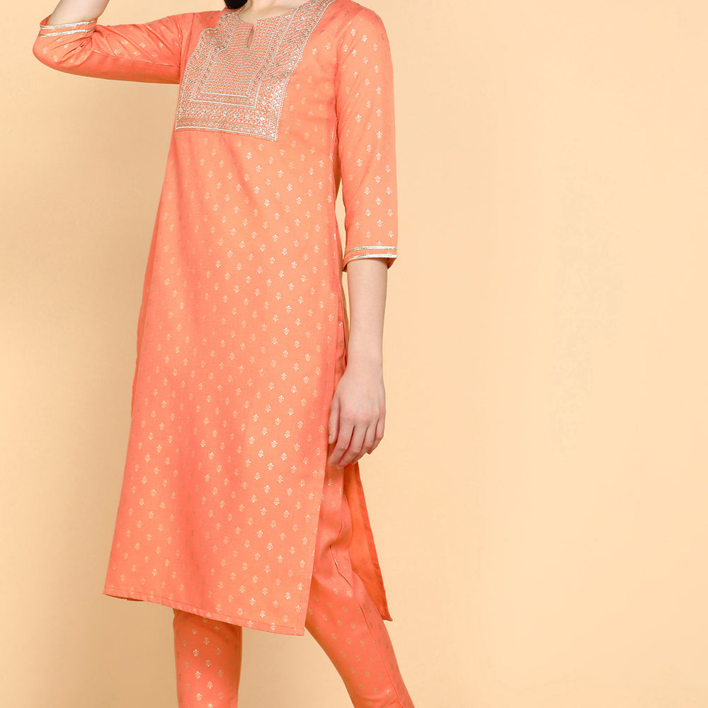 
                      
                        Peach Foil Printed Kurta Trouser Set
                      
                    