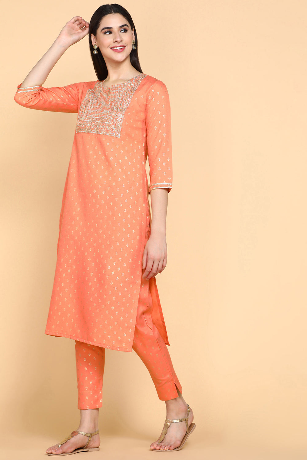 Peach Foil Printed Kurta Trouser Set