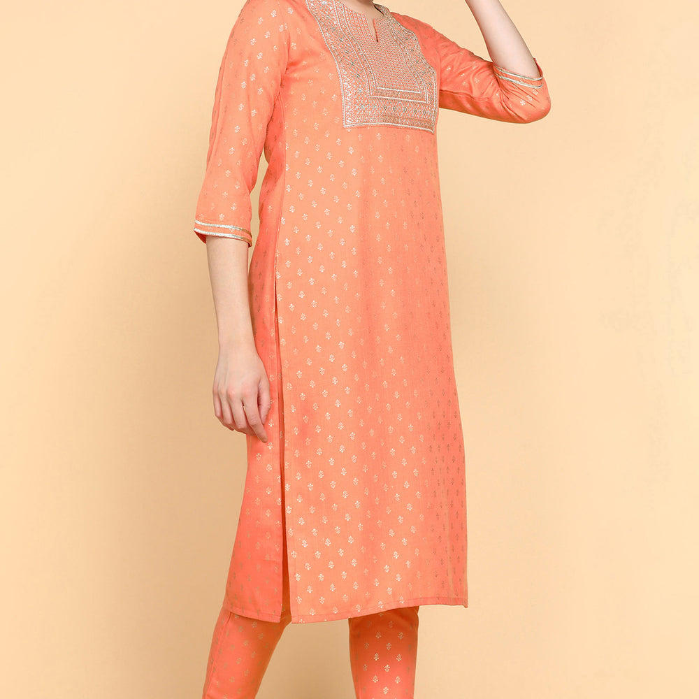 
                      
                        Peach Foil Printed Kurta Trouser Set
                      
                    