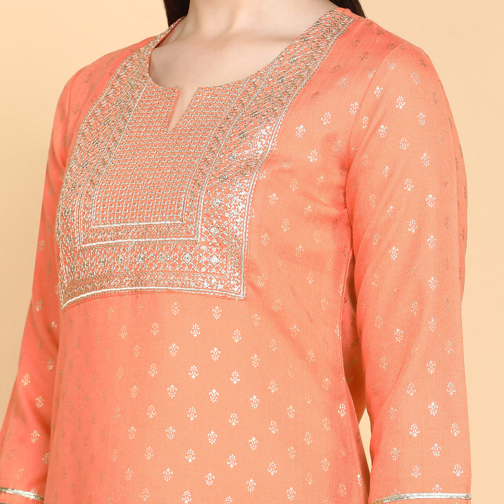 
                      
                        Peach Foil Printed Kurta Trouser Set
                      
                    