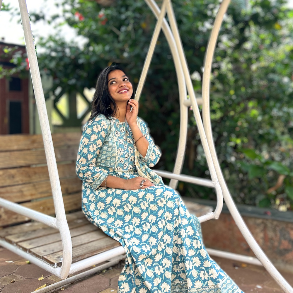 
                      
                        Shades Of Blue Hand-Printed Mirror Embroidered Pure Cotton Kurta Set With Dupatta
                      
                    