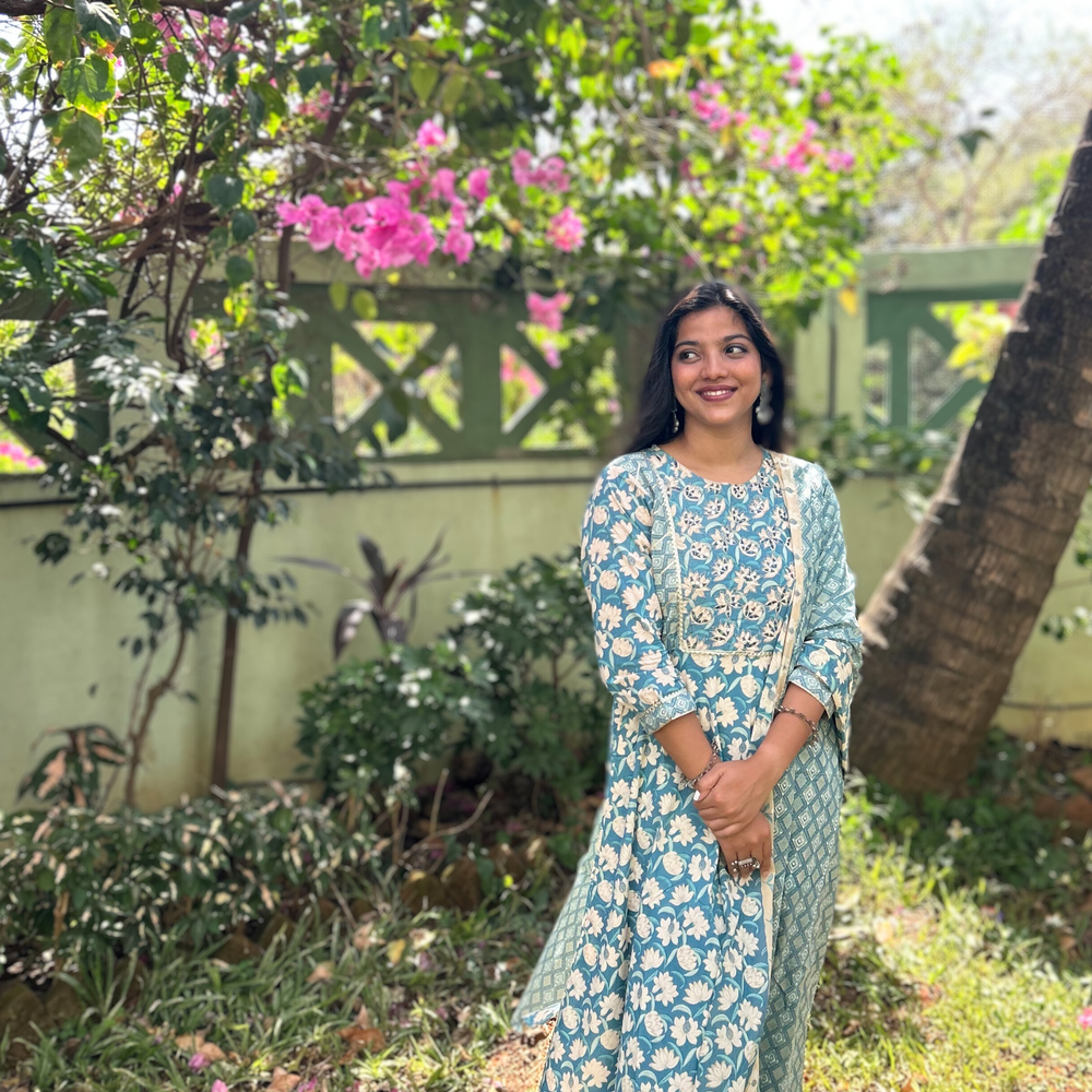 
                      
                        Shades Of Blue Hand-Printed Mirror Embroidered Pure Cotton Kurta Set With Dupatta
                      
                    