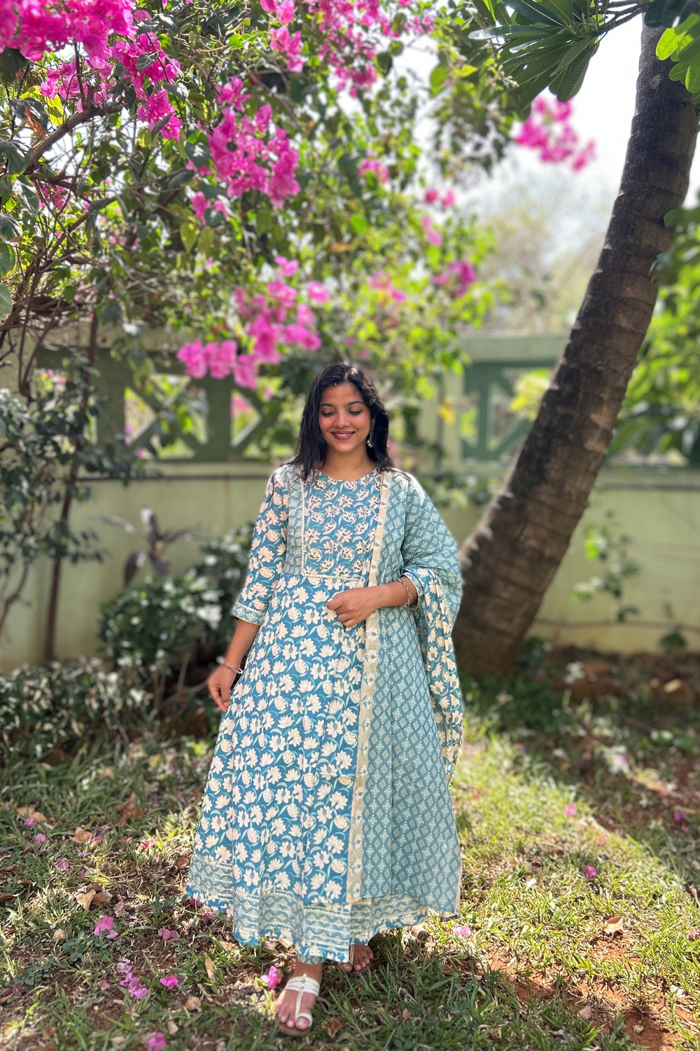 Shades Of Blue Hand-Printed Mirror Embroidered Pure Cotton Kurta Set With Dupatta