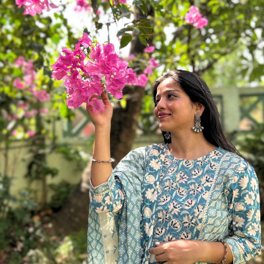 
                      
                        Shades Of Blue Hand-Printed Mirror Embroidered Pure Cotton Kurta Set With Dupatta
                      
                    