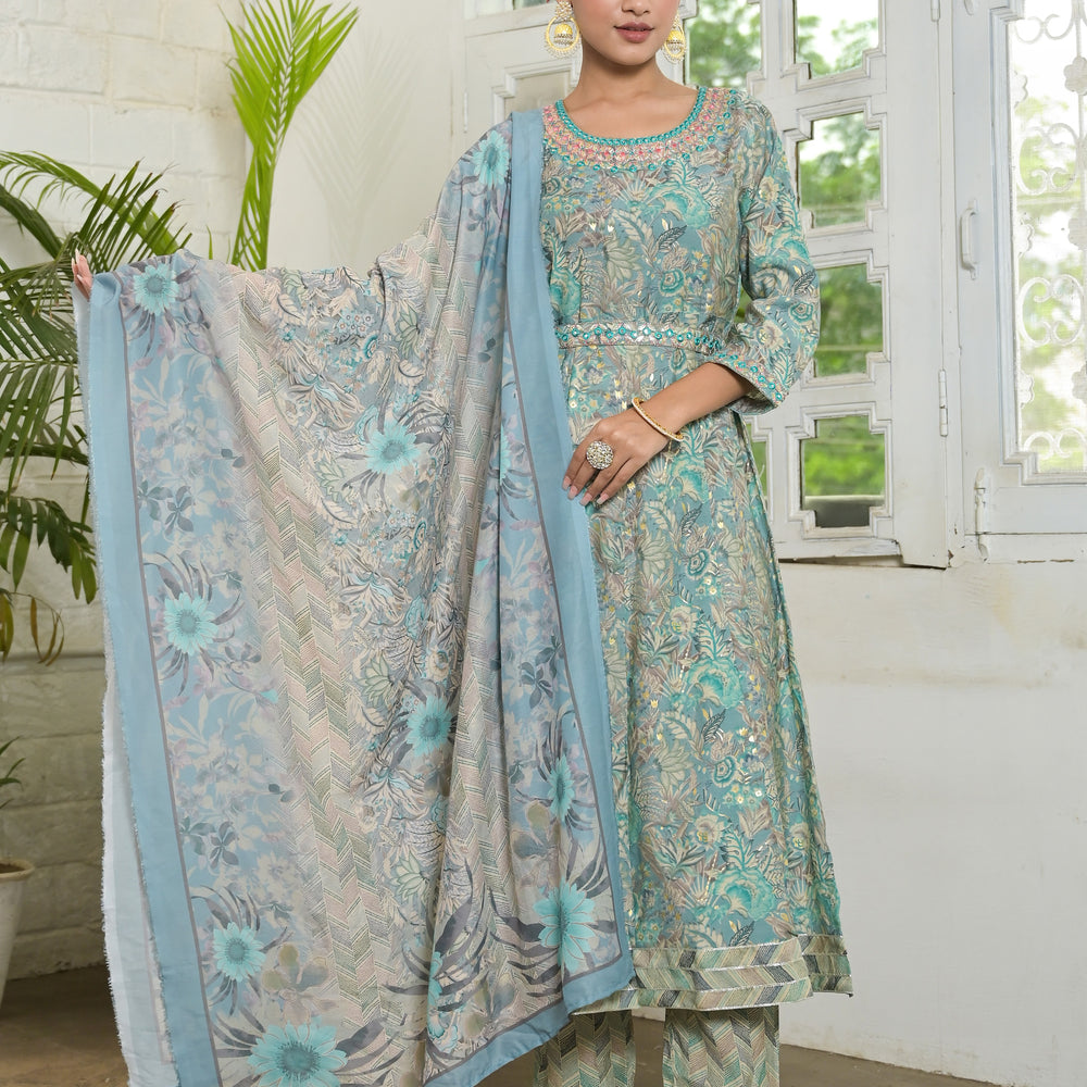 Floral Printed Thread Work Anarkali Kurta & Trousers With Dupatta