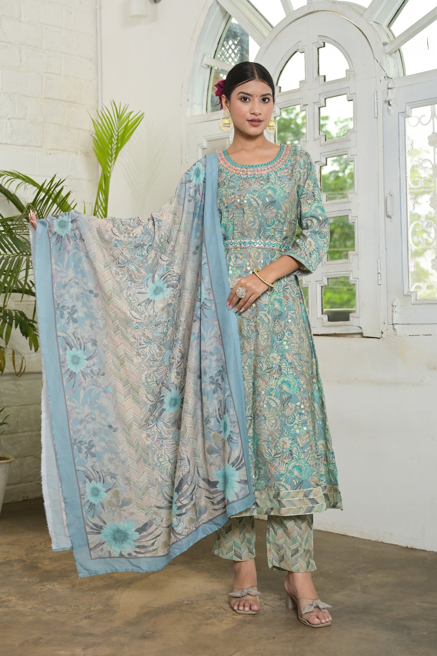 Floral Printed Thread Work Anarkali Kurta & Trousers With Dupatta