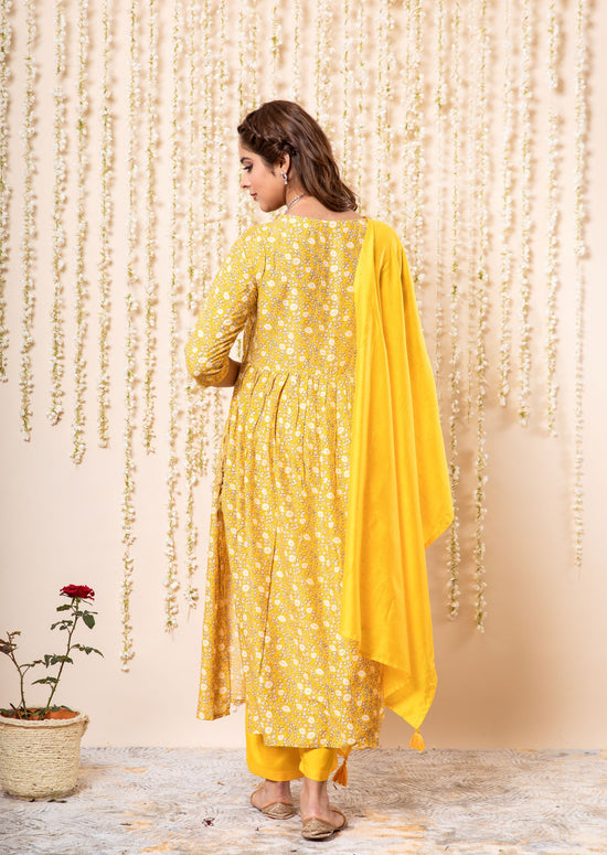 Ethnic Motifs Printed Pleated Sequinned Kurta With Trousers & Dupatta