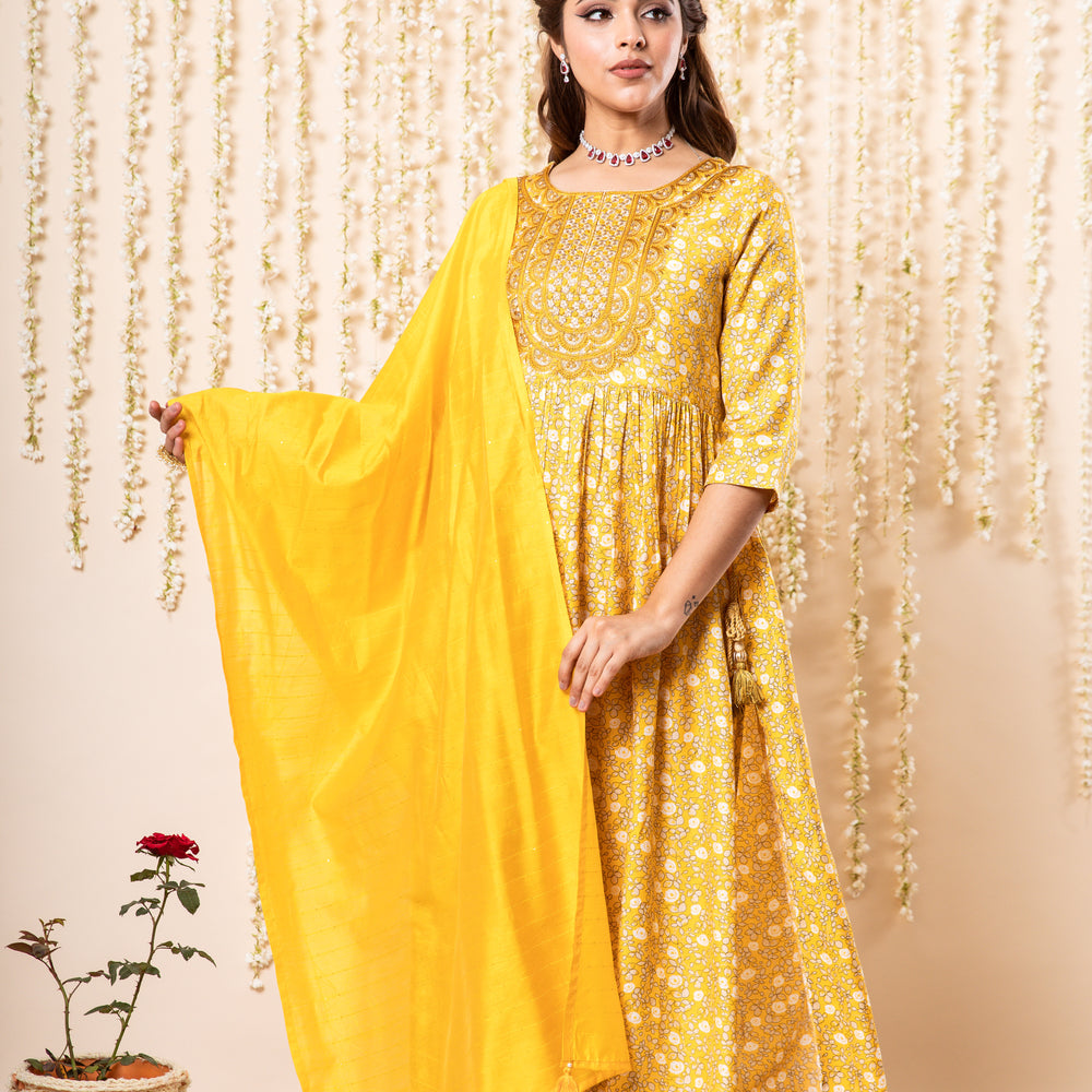 Ethnic Motifs Printed Pleated Sequinned Kurta With Trousers & Dupatta