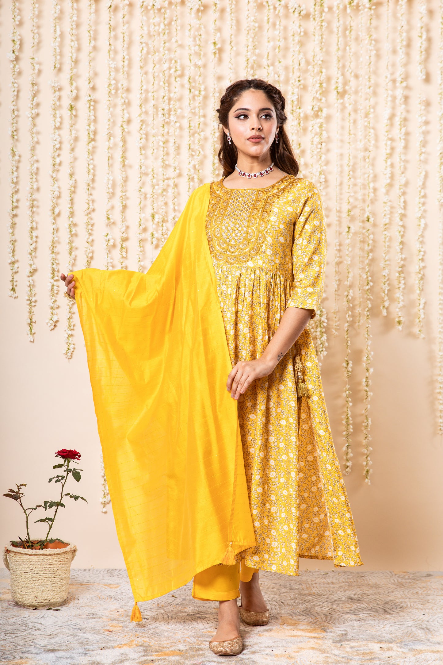 Ethnic Motifs Printed Pleated Sequinned Kurta With Trousers & Dupatta