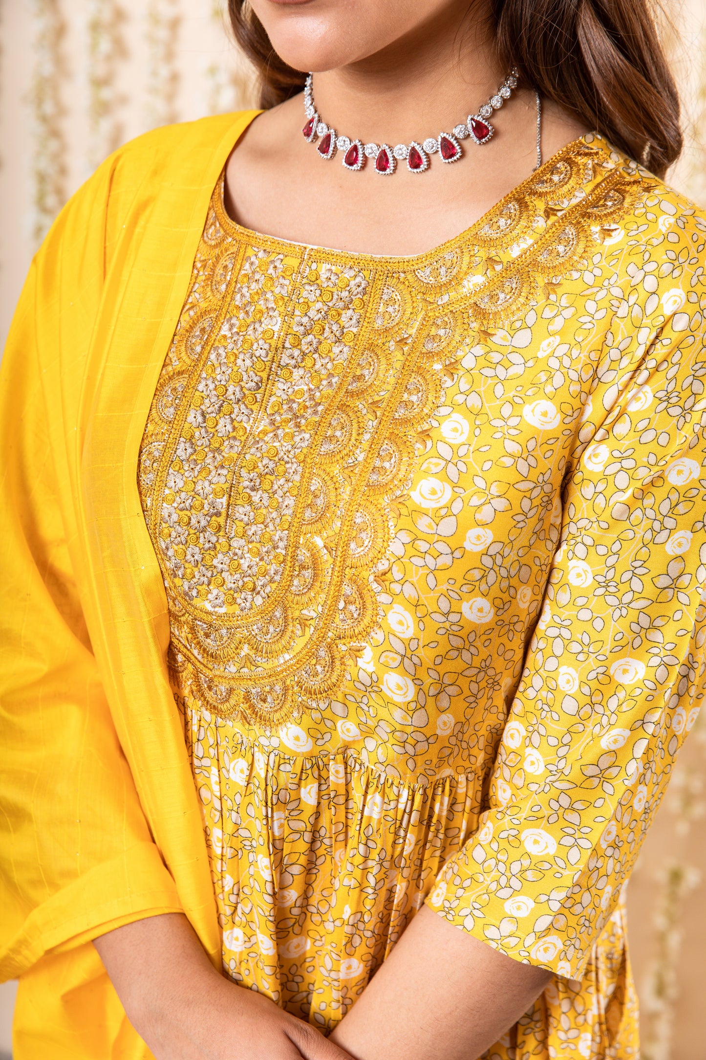 Ethnic Motifs Printed Pleated Sequinned Kurta With Trousers & Dupatta