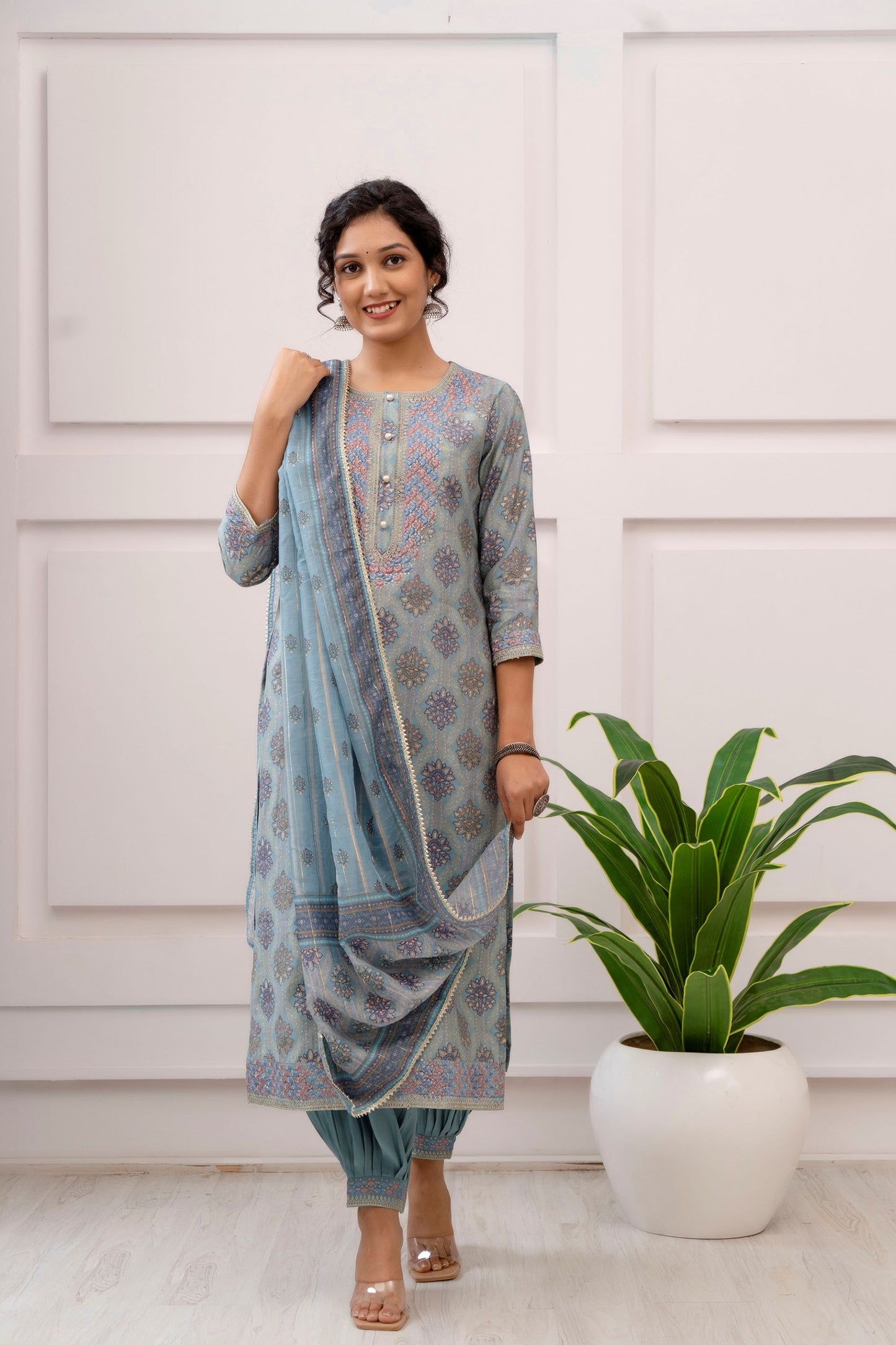 Pastel blue and pink printed Muslin kurta set with trouser and dupatta